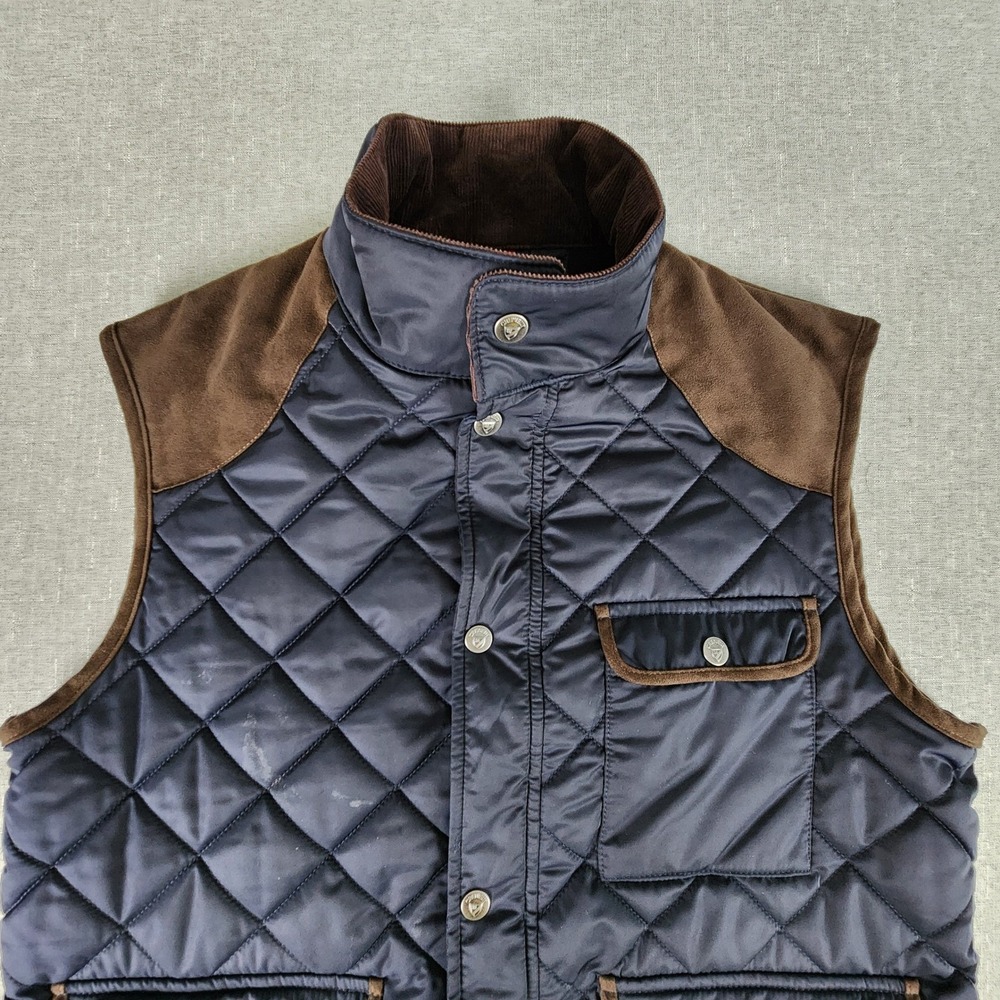 Cremieux Men's Medium Quilted Puffer Vest Navy Blue Brown Corduroy Trim Gorpcore